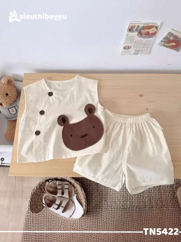 Set Bộ Áo Sơ Mi Sát Nách Thêu Gấu Quần Đùi