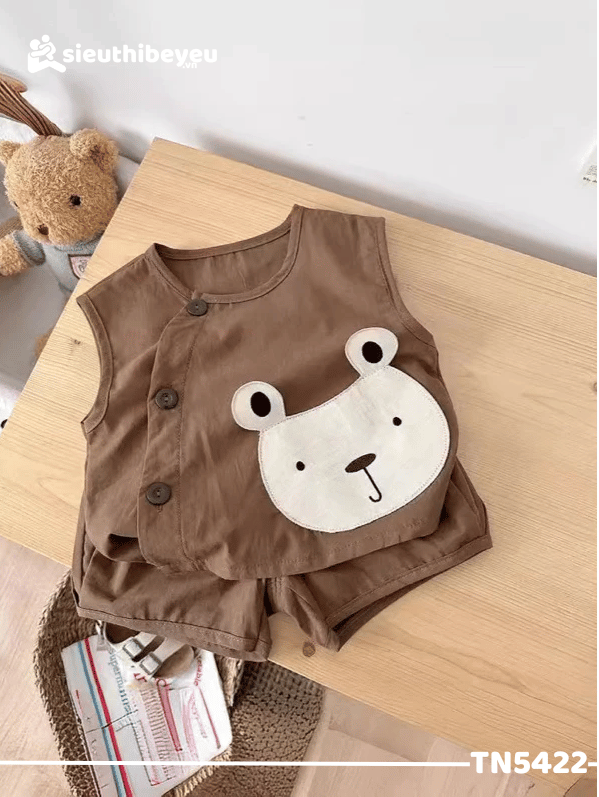 Set Bộ Áo Sơ Mi Sát Nách Thêu Gấu Quần Đùi