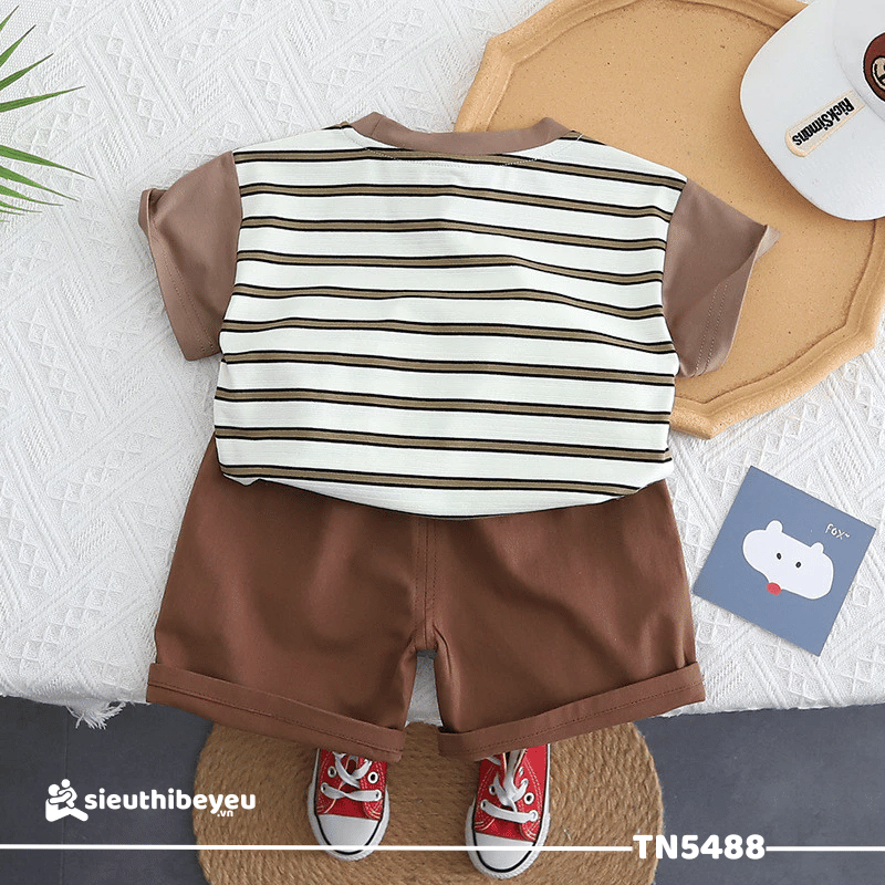 Set Áo Thun Tay Ngắn Sọc Cún Quần Đùi Kaki Nâu