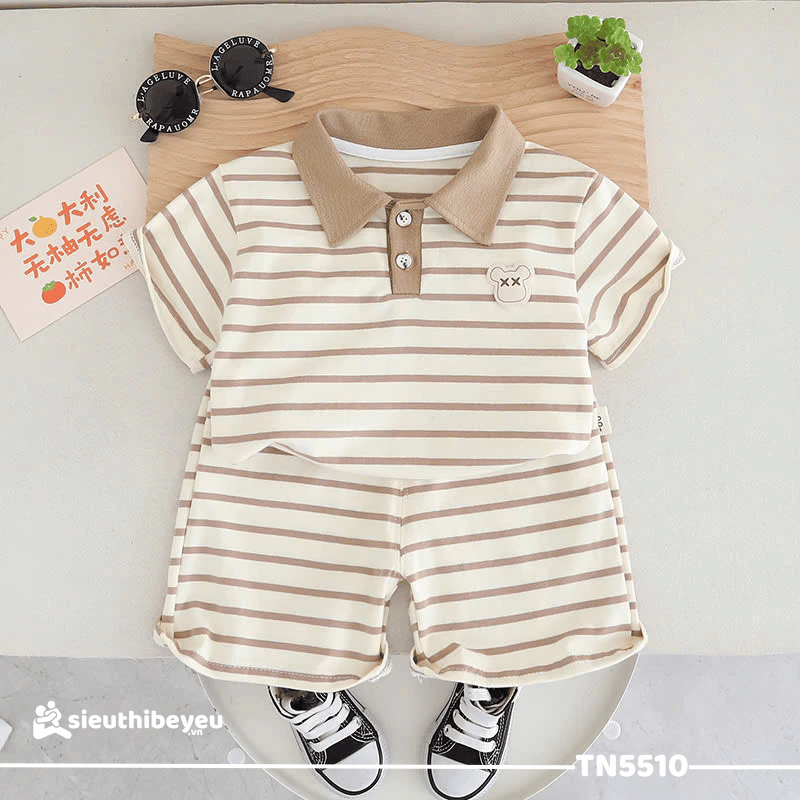 Set Đồ Bộ Áo Polo Sọc Quần Đùi Cho Bé Trai