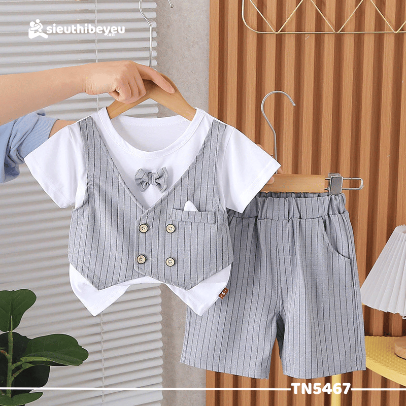 Set Áo Quần Giả Gile Sọc Màu Xám