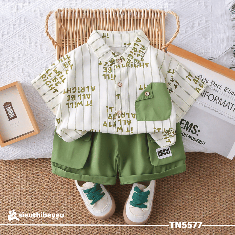 Set Áo Sơ Mi Họa Tiết Chữ Quần Túi Hộp