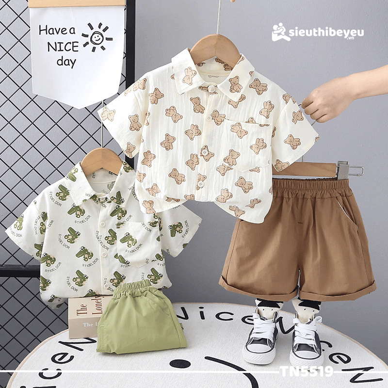 Set Áo Sơ Mi Hoạ Tiết Động Vật Và Quần Đùi Kaki
