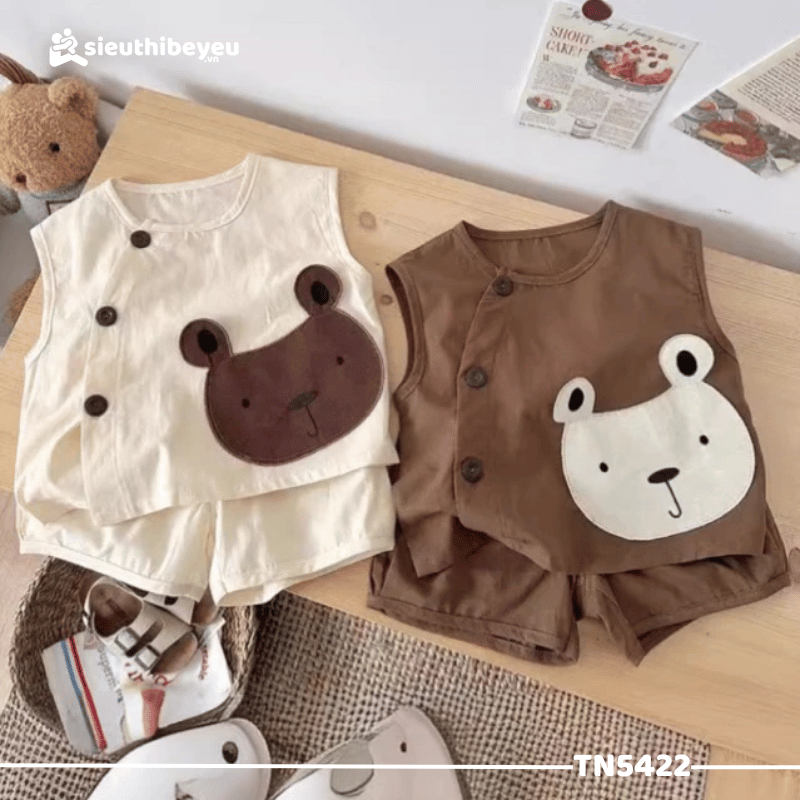 Set Bộ Áo Sơ Mi Sát Nách Thêu Gấu Quần Đùi