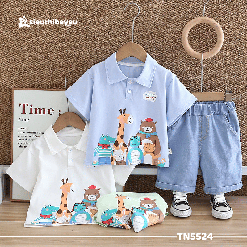 Set Bộ Áo Thun Polo Tay Ngắn Động Vật Quần Đùi Denim