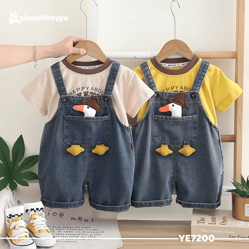 Set Bộ Đồ Áo Thun Tay Ngắn Quần Yếm Jean Hình Vịt