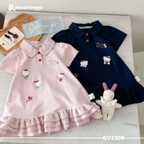 Váy Polo Tay Ngắn Họa Tiết Hello Kitty