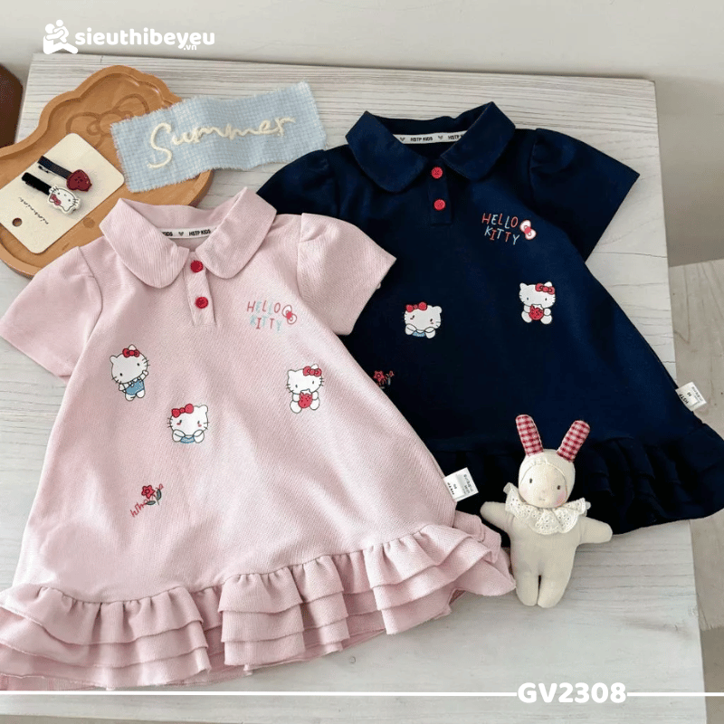 Váy Polo Tay Ngắn Họa Tiết Hello Kitty