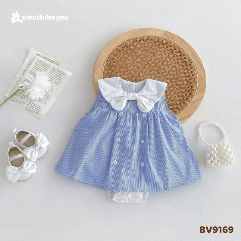Body Váy Sọc Xanh Xòe Đính Nơ Cổ Bèo