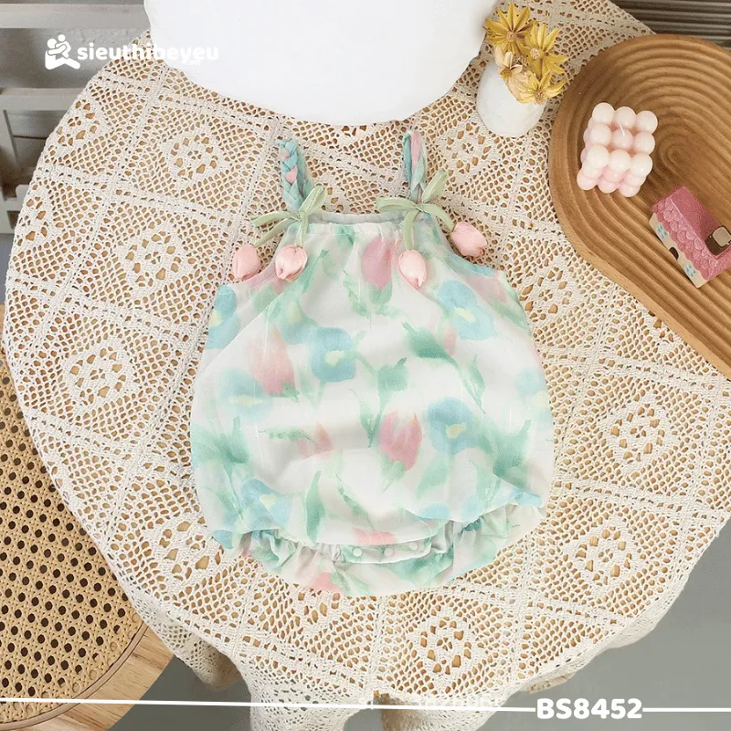 Bodysuit 2 Dây Voan Họa Tiết Hoa Màu Xanh