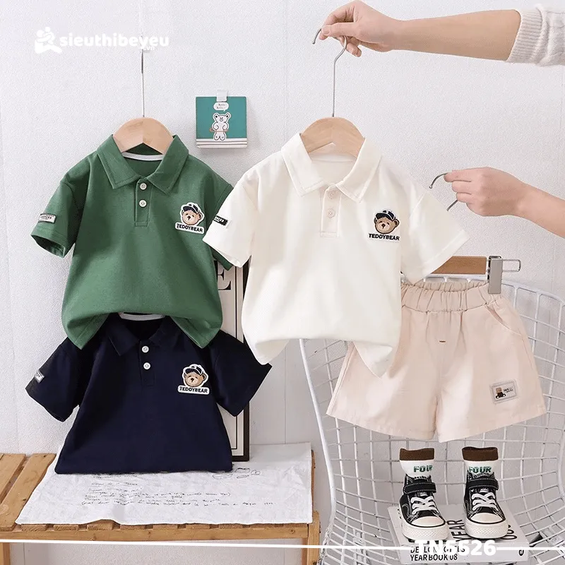 Set Áo Thun Polo Họa Tiết Gấu Bóng Chày 