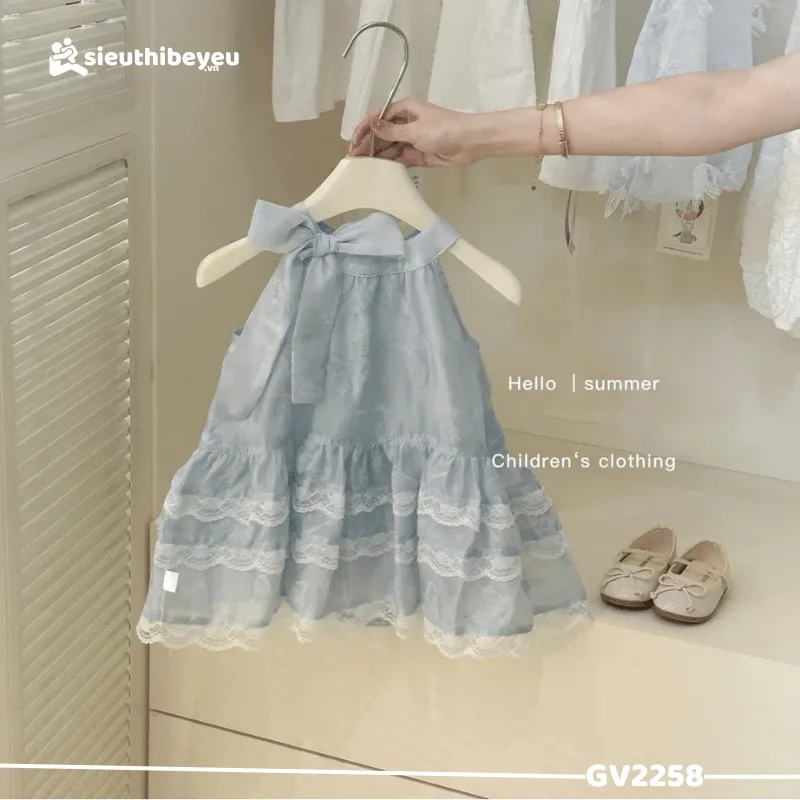 Váy Thiết Kế Đính Nơ Vai Sát Nách Xanh Dương 