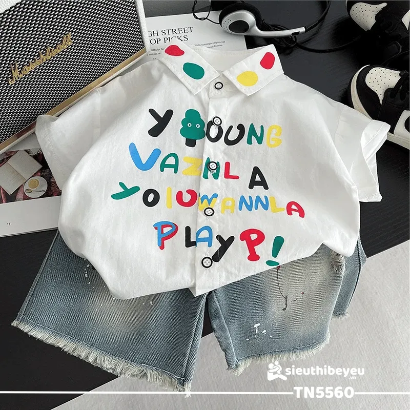 Set Áo Sơ Mi Tay Ngắn Họa Tiết Màu Quần Jean Ống Rộng