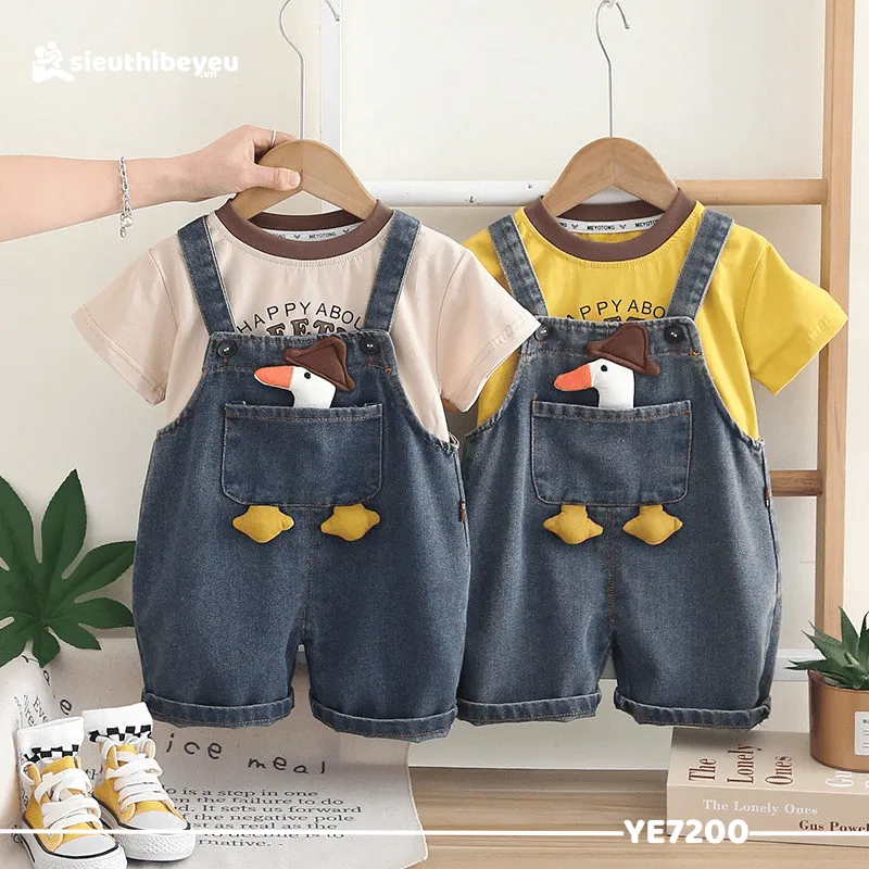 Set Bộ Đồ Áo Thun Tay Ngắn Quần Yếm Jean Hình Vịt