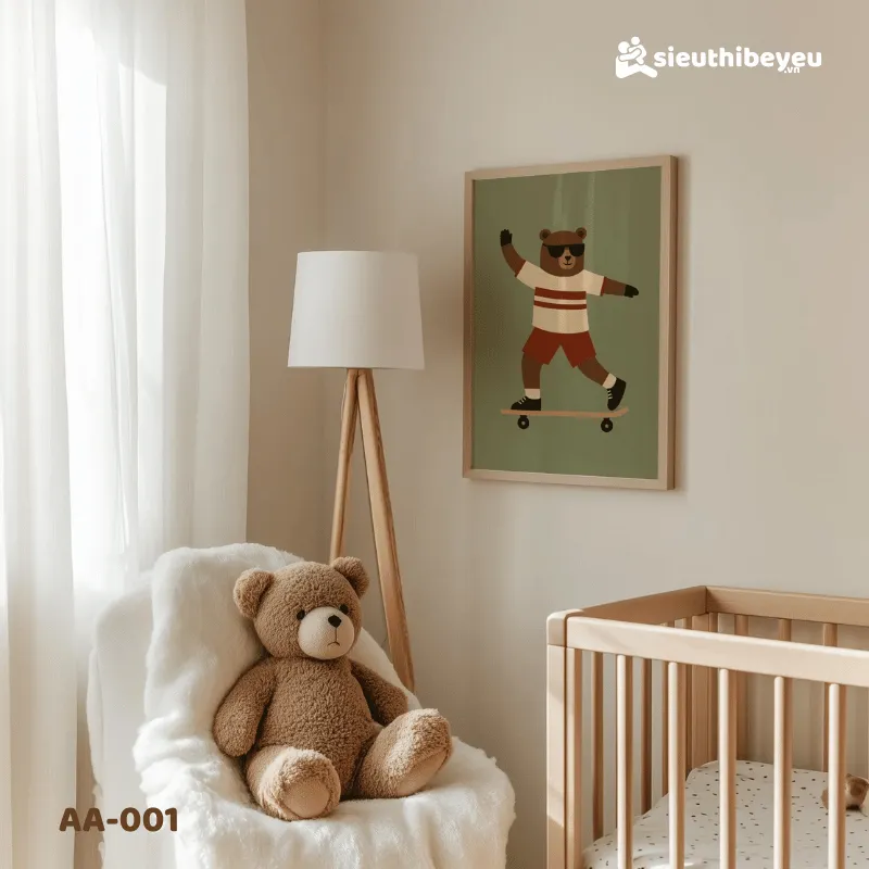 Tranh treo tường gấu nâu trượt ván 