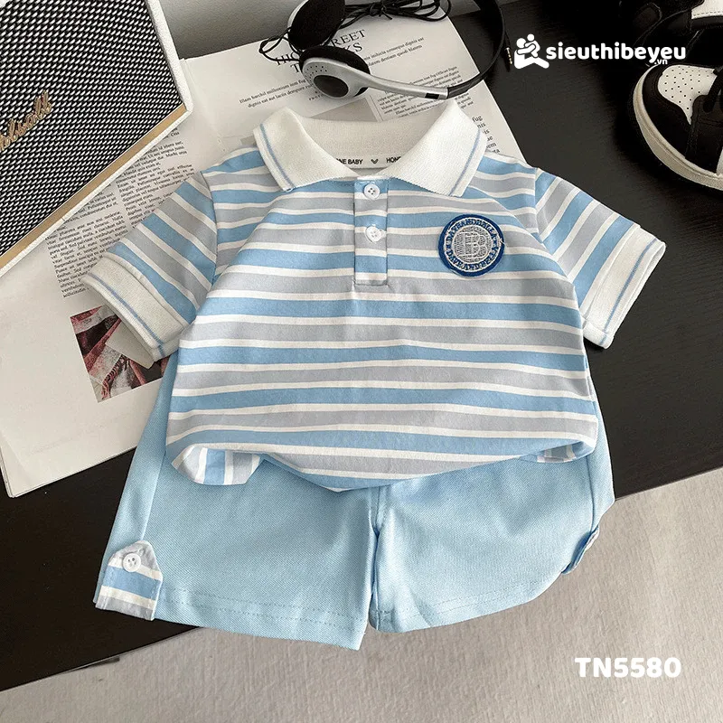 Set Áo Thun Polo Tay Ngắn Cổ Bẻ Sọc Quần Đùi
